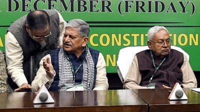 Janata Dal (United) (JD-U) President Lalan Singh, Bihar Chief Minister Nitish Kumar and others during the party National Executive meeting, at the Constitutional Club, in New Delhi on Friday (ANI) Janata Dal (United) (JD-U) President Lalan Singh, Bihar Chief Minister Nitish Kumar and others during the party National Executive meeting, at the Constitutional Club, in New Delhi on Friday (ANI)