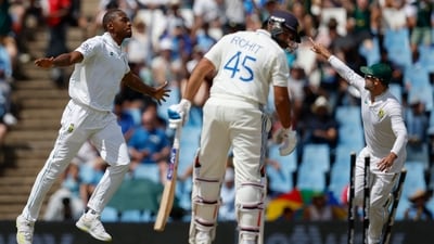 South Africa's Kagiso Rabada (L) celebrates after the dismissal of India's Rohit Sharma (C) during the third day of the first cricket Test match between South Africa and India at SuperSport Park in Centurion (AFP) South Africa's Kagiso Rabada (L) celebrates after the dismissal of India's Rohit Sharma (C) during the third day of the first cricket Test match between South Africa and India at SuperSport Park in Centurion (AFP)