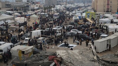 Displaced Palestinians arrive at a makeshift tent camp in Rafah, Gaza Strip, on Thursday, Dec. 28, 2023. (AP) Displaced Palestinians arrive at a makeshift tent camp in Rafah, Gaza Strip, on Thursday, Dec. 28, 2023. (AP)