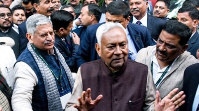 Bihar chief minister Nitish Kumar speaks to the media on becoming the new national president of Janata Dal (United), in New Delhi on Friday. Former JD(U) President Rajiv Ranjan (Lalan) Singh is also seen. (ANI)