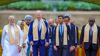 A file photo Prime Minister Narendra Modi with US President Joe Biden, United Kingdom's Prime Minister Rishi Sunak and other leaders at Mahatma Gandhi's memorial Rajghat on the final day of the G20 Summit. (PTI) A file photo Prime Minister Narendra Modi with US President Joe Biden, United Kingdom's Prime Minister Rishi Sunak and other leaders at Mahatma Gandhi's memorial Rajghat on the final day of the G20 Summit. (PTI)