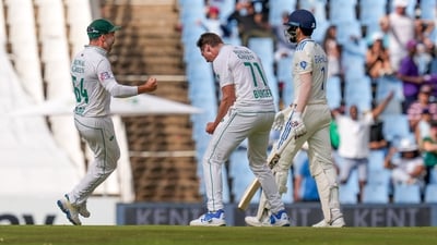 Nandre Burger celebrates the wicket of India's KL Rahul during the third day of the first Test cricket match between India and South Africa, at SuperSport Park Stadium (PTI)