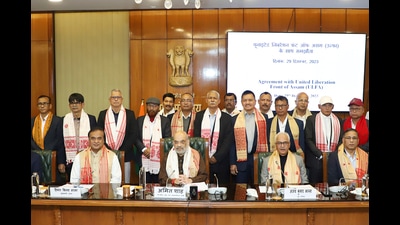 Union home minister Amit Shah with Assam chief minister Himanta Biswa Sarma and ULFA leaders in New Delhi on Friday. (AP) Union home minister Amit Shah with Assam chief minister Himanta Biswa Sarma and ULFA leaders in New Delhi on Friday. (AP)