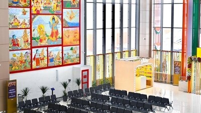 A glimpse of the passenger seating area inside the airport. Chairs have been well-arranged and the premises is decorated with pictures of Lord Ram. (ANI)