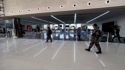 Security personnel deployed inside the airport in Ayodhya. The airport terminal incorporates numerous sustainable features, including an insulated roofing system, LED lighting, rainwater harvesting, fountains in landscaping, water treatment and sewage treatment plants, as well as a solar power plant, aiming to achieve a GRIHA - 5-star rating. This initiative not only enhances regional connectivity but is also expected to stimulate tourism, business activities, and employment opportunities in the area. (ANI)