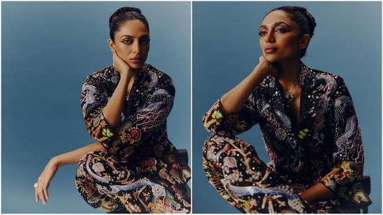 Sobhita's dazzling pantsuit look is sure to steal your heart, featuring elbow-length sleeves, an open buttoned blazer with quirky multi-coloured embroidery and sequin detailing all over. She paired it with matching flared trousers to add to the glam factor.(Instagram/@sobhitad)