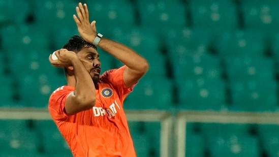 Avesh Khan during a practice session (PTI)