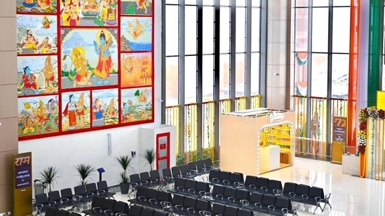 A glimpse of the passenger seating area inside the airport. Chairs have been well-arranged and the premises is decorated with pictures of Lord Ram.(ANI)