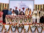 Rajasthan Governor Kalraj Mishra and state chief minister Bhajan Lal Sharma during the oath-taking ceremony of Bharatiya Janata Party (BJP) MLAs in the Rajasthan Cabinet, at Raj Bhavan in Jaipur on Saturday. (ANI Photo)( Col Rajyavardhan Rathore - X)