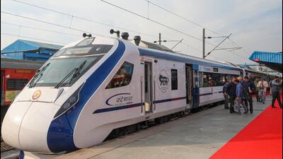 A Vande Bharat Express train during its flag-off ceremony at the Katra Railway Station on Saturday. (PTI)