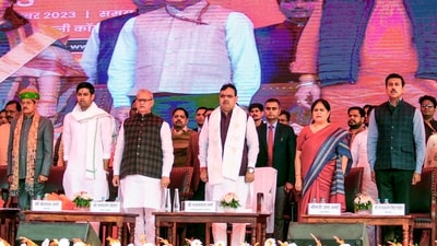 Rajasthan Chief Minister Bhajan Lal Sharma during the program of 'Viksit Bharat Sankalp Yatra', in Jaipur on Saturday. (ANI Photo) Rajasthan Chief Minister Bhajan Lal Sharma during the program of 'Viksit Bharat Sankalp Yatra', in Jaipur on Saturday. (ANI Photo)