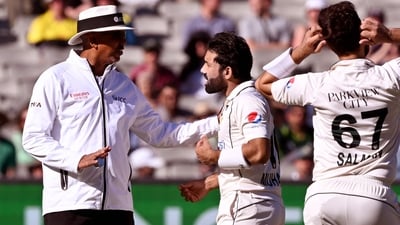 Mohammad Rizwan (C) and Agha Salman (R) argue with umpire Joel Wilson (L) after Rizwan's dismissal on the fourth day of the second Test (AFP) Mohammad Rizwan (C) and Agha Salman (R) argue with umpire Joel Wilson (L) after Rizwan's dismissal on the fourth day of the second Test (AFP)
