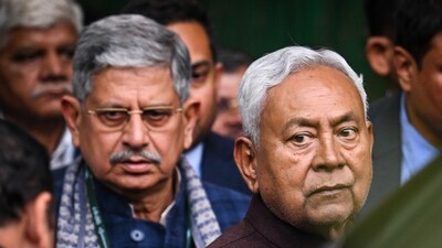 Bihar CM Nitish Kumar along with Lalan Singh after the National Executive Meeting of JD(U) at the Constitution Club of India at Rafi Marg in New Delhi, India, on Friday, December 29, 2023.  (Photo by Raj K Raj/ Hindustan Times)