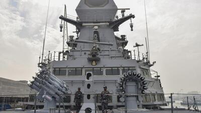 Officials at the Indian Navy’s newly-commissioned Stealth Guided Missile Destroyer Imphal at Naval Dockyard in Mumbai. (PTI) Officials at the Indian Navy’s newly-commissioned Stealth Guided Missile Destroyer Imphal at Naval Dockyard in Mumbai. (PTI)
