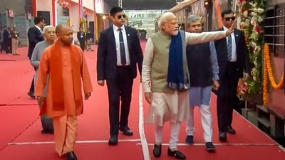 Prime Minister Narendra Modi with Uttar Pradesh governor Anandiben Patel, chief minister Yogi Adityanath, deputy CM Keshav Prasad Maurya and Union railways minister Ashwini Vaishnaw during the inauguration of redeveloped Ayodhya Dham Station on December 30. (PTI) Prime Minister Narendra Modi with Uttar Pradesh governor Anandiben Patel, chief minister Yogi Adityanath, deputy CM Keshav Prasad Maurya and Union railways minister Ashwini Vaishnaw during the inauguration of redeveloped Ayodhya Dham Station on December 30. (PTI)