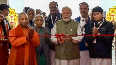 Prime Minister Narendra Modi with Uttar Pradesh governor Anandiben Patel, CM Yogi Adityanath, deputy chief minister Keshav Prasad Maurya, Union civil aviation minister Jyotiraditya Scindia and others inaugurates Maharshi Valmiki International Airport in Ayodhya on Saturday, (PTI) Prime Minister Narendra Modi with Uttar Pradesh governor Anandiben Patel, CM Yogi Adityanath, deputy chief minister Keshav Prasad Maurya, Union civil aviation minister Jyotiraditya Scindia and others inaugurates Maharshi Valmiki International Airport in Ayodhya on Saturday, (PTI)