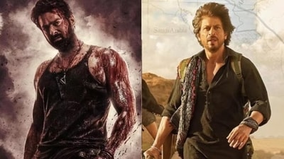 Prabhas in Salaar and Shah Rukh Khan in a still from Dunki.