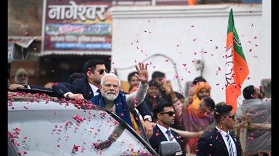 Prime Minister Narendra Modi during road show at Rampath in Ayodhya, Uttar Pradesh India on Saturday December 30, 2023. (Deepak Gupta/Hindustan Times) Prime Minister Narendra Modi during road show at Rampath in Ayodhya, Uttar Pradesh India on Saturday December 30, 2023. (Deepak Gupta/Hindustan Times)