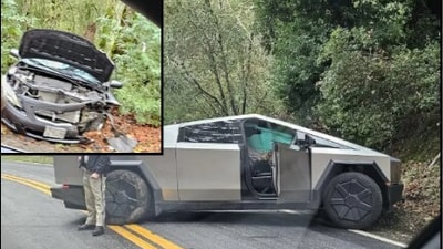 Tesla's recently launched stainless steel Cybertruck left a Toyota Corolla crumpled on the roadside as it collided head-on with the car, crushing its front end in Palo Alto, California.