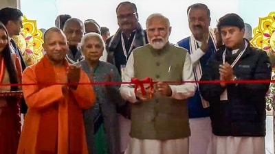 PM Modi with Uttar Pradesh governor Anandiben Patel, chief minister Yogi Adityanath, deputy chief minister Keshav Prasad Maurya, union civil aviation minister Jyotiraditya Scindia and others inaugurates Maharshi Valmiki International Airport, in Ayodhya. (PTI)