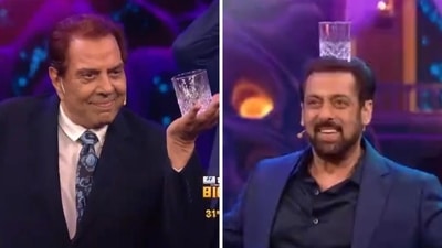 Dharmendra and Salman Khan doing the Jamal Kudu step. Dharmendra and Salman Khan doing the Jamal Kudu step.