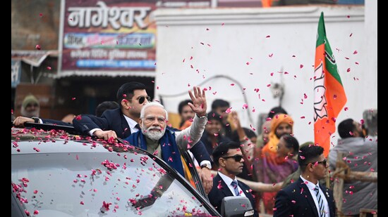 Prime Minister Narendra Modi during road show at Rampath in Ayodhya, Uttar Pradesh India on Saturday December 30, 2023. (Deepak Gupta/Hindustan Times)