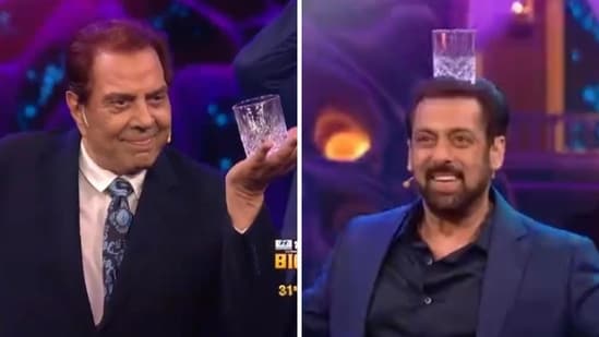 Dharmendra and Salman Khan doing the Jamal Kudu step.