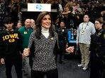 Republican presidential candidate Nikki Haley arrives at an NCAA college basketball game between Iowa and Minnesota, Saturday, Dec. 30, 2023, in Iowa City, Iowa. (AP Photo/Charlie Neibergall) Republican presidential candidate Nikki Haley arrives at an NCAA college basketball game between Iowa and Minnesota, Saturday, Dec. 30, 2023, in Iowa City, Iowa. (AP Photo/Charlie Neibergall)