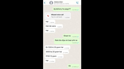 A peddler describing the prices of different categories of ‘stash’ available with him, on WhatsApp (HT) A peddler describing the prices of different categories of ‘stash’ available with him, on WhatsApp (HT)