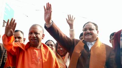 BJP president JP Nadda with Uttar Pradesh chief minister Yogi Adityanath during the inauguration of the 'Women's Half Marathon', in Lucknow on Sunday. (JP Nadda-X) BJP president JP Nadda with Uttar Pradesh chief minister Yogi Adityanath during the inauguration of the 'Women's Half Marathon', in Lucknow on Sunday. (JP Nadda-X)