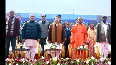 Bharatiya Janata Party (BJP) National President JP Nadda with Uttar Pradesh Chief Minister Yogi Adityanath, State Deputy Chief Minister Brajesh Pathak and others during the inauguration of the 'Women's Half Marathon', in Lucknow on Sunday. (ANI photo)