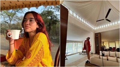 Today, Dua posted a set of new pictures from her time in Rajasthan that showed her enjoying tea inside a camp, going on a safari, spotting a tiger, watching a traditional dance performance, posing with an elephant, visiting a temple, riding a horse, and more. She even penned a heartfelt note for India and the people who showed her and her family ‘love, kindness and hospitality’. (Instagram) Today, Dua posted a set of new pictures from her time in Rajasthan that showed her enjoying tea inside a camp, going on a safari, spotting a tiger, watching a traditional dance performance, posing with an elephant, visiting a temple, riding a horse, and more. She even penned a heartfelt note for India and the people who showed her and her family ‘love, kindness and hospitality’. (Instagram)