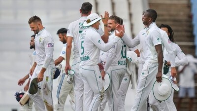 Kagiso Rabada with teammates celebrates the wicket of India's Virat Kohli during the third day of the first Test cricket match between India and South Africa, at SuperSport Park Stadium (PTI) Kagiso Rabada with teammates celebrates the wicket of India's Virat Kohli during the third day of the first Test cricket match between India and South Africa, at SuperSport Park Stadium (PTI)