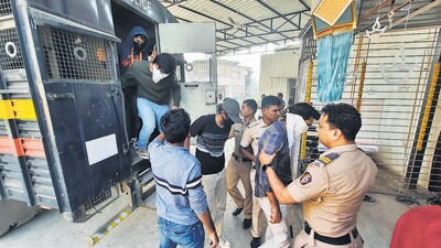 Thane, India - December,31, 2023: Thane crime branch busted a rave party in Kasarwadvali creek area of ??Thane Ghodbunder Road last night. In this, 95 youths have been caught and all the youths have been brought by the police to Thane Civil Hospital for medical checkup ,in Thane, in Mumbai, India, on, Sunday, December ,31, 2023. ( Praful Gangurde / HT Photo ) Thane, India - December,31, 2023: Thane crime branch busted a rave party in Kasarwadvali creek area of ??Thane Ghodbunder Road last night. In this, 95 youths have been caught and all the youths have been brought by the police to Thane Civil Hospital for medical checkup ,in Thane, in Mumbai, India, on, Sunday, December ,31, 2023. ( Praful Gangurde / HT Photo )