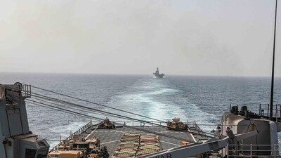 In this image provided by the U.S. Navy, the amphibious dock landing ship USS Carter Hall and amphibious assault ship USS Bataan transit the Bab al-Mandeb strait on Aug. 9, 2023. (AP/Representative Image)