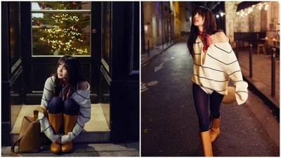 Lisa's white jumper features black horizontal stripes, a plunging slit on the round neckline, full-length sleeves, one-shoulder drop detail, and a relaxed fitting. She wore a spaghetti-strapped white ribbed bodysuit under the sweater. Lastly, black skin-fitted tights gave Lisa's outfit a finishing touch. (Instagram) Lisa's white jumper features black horizontal stripes, a plunging slit on the round neckline, full-length sleeves, one-shoulder drop detail, and a relaxed fitting. She wore a spaghetti-strapped white ribbed bodysuit under the sweater. Lastly, black skin-fitted tights gave Lisa's outfit a finishing touch. (Instagram)