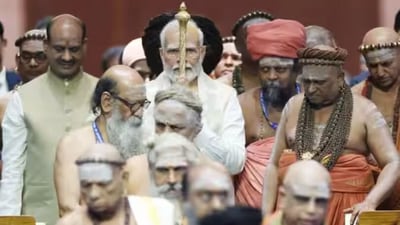 PM Modi carries the sacred 'sengol’ into the new parliament building. Prime Minister Modi conducted a puja and placed the revered 'Sengol' from Tamil Nadu in the Lok Sabha chamber, positioned adjacent to the Speaker's chair, within the new Parliament building. The priests of various ‘adheenams’ or ‘maths’ in Tamil Nadu handed over the ‘sengol’ to Modi before its installation in the building. (narendramodi.in) PM Modi carries the sacred 'sengol’ into the new parliament building. Prime Minister Modi conducted a puja and placed the revered 'Sengol' from Tamil Nadu in the Lok Sabha chamber, positioned adjacent to the Speaker's chair, within the new Parliament building. The priests of various ‘adheenams’ or ‘maths’ in Tamil Nadu handed over the ‘sengol’ to Modi before its installation in the building. (narendramodi.in)