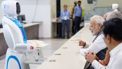 Prime Minister Narendra Modi enjoys a cup of tea served by robots at the Robotics Gallery in Gujarat's Ahmedabad. The PM visited the robot exhibition at Science City in Ahmedabad in September during which he also inaugurated the Vibrant Gujarat Global Summit. The PM was accompanied by Gujarat governor Acharya Devvrat and chief minister Bhupendra Patel. (narendramodi.in) Prime Minister Narendra Modi enjoys a cup of tea served by robots at the Robotics Gallery in Gujarat's Ahmedabad. The PM visited the robot exhibition at Science City in Ahmedabad in September during which he also inaugurated the Vibrant Gujarat Global Summit. The PM was accompanied by Gujarat governor Acharya Devvrat and chief minister Bhupendra Patel. (narendramodi.in)