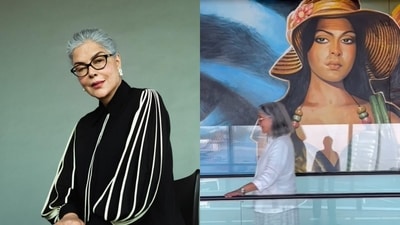 Zeenat Aman at Mumbai airport with her mural art. Zeenat Aman at Mumbai airport with her mural art.