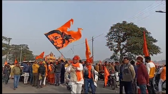 The procession being taken out in Prayagraj on Sunday. (HT)