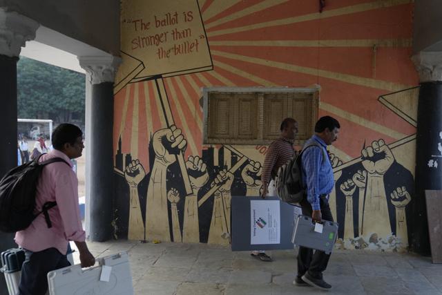 Polling officers in Hyderabad. (AP) Polling officers in Hyderabad. (AP)