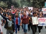 IIT-BHU students take out a protest march demanding justice on November 8. (ANI)