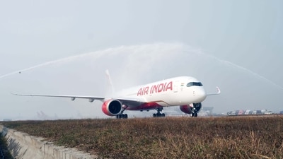 Air India's first Airbus A350-900 (VT-JRA) touches down at Delhi Airport in New Delhi on Dec 23. (ANI)