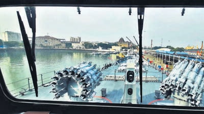 Anti-submarine rocket launchers seen from the destroyer’s bridge. (Rahul Singh/HT photo) Anti-submarine rocket launchers seen from the destroyer’s bridge. (Rahul Singh/HT photo)