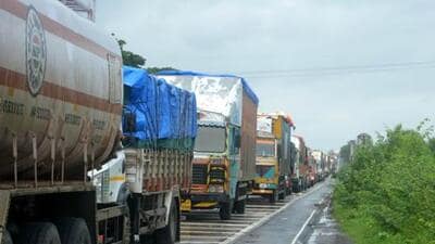 In support to the state-wide strike by transport association and driver community against the new law implemented by the Centre, protestors blocked the Pune-Solapur national highway at Khadki. ((PIC FOR REPRESENTATION))