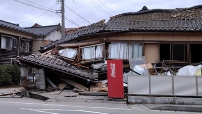 A collapsed house following an earthquake is seen in Wajima, Ishikawa prefecture, Japan January 1, 2024, in this photo released by Kyodo. (Reuters)