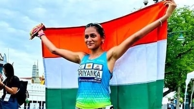 Meerut’s Priyanka Goswami after winning silver in 20-km race walk at Asian Athletics meet in Bangkok on Sunday. (Sourced) Meerut’s Priyanka Goswami after winning silver in 20-km race walk at Asian Athletics meet in Bangkok on Sunday. (Sourced)