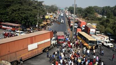 Navi Mumbai, India - Jan. 1, 2024:Drivers engaged in the transport sector proceeded on strike against the implementation of amended Motor Vehicle Act that provides for a 10-years jail or Rs. One lakh penalty in a case of a road mishap at kalamboli circle in Navi Mumbai, India, on Monday, January 1, 2024. (Photo by Bachchan Kumar/ HT PHOTO) (HT PHOTO) Navi Mumbai, India - Jan. 1, 2024:Drivers engaged in the transport sector proceeded on strike against the implementation of amended Motor Vehicle Act that provides for a 10-years jail or Rs. One lakh penalty in a case of a road mishap at kalamboli circle in Navi Mumbai, India, on Monday, January 1, 2024. (Photo by Bachchan Kumar/ HT PHOTO) (HT PHOTO)