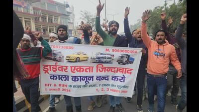 Operators and drivers of private buses during a protest in Haryana on Monday. (HT Photo)