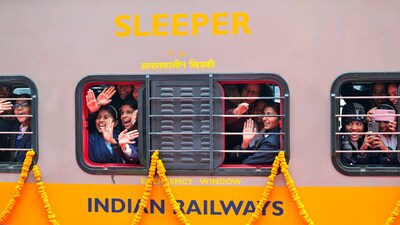 People cheer during the flag-off ceremony of Amrit Bharat train and inauguration of the redeveloped Ayodhya Dham Station by Prime Minister Narendra Modi, in Ayodhya, Saturday, Dec. 30, 2023. (PTI) People cheer during the flag-off ceremony of Amrit Bharat train and inauguration of the redeveloped Ayodhya Dham Station by Prime Minister Narendra Modi, in Ayodhya, Saturday, Dec. 30, 2023. (PTI)